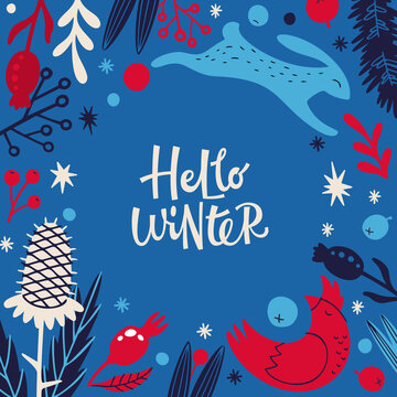 Vector banner with Hello Winter text and flowers