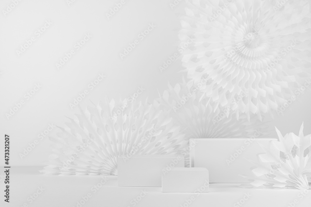 Poster white abstract scene with three rectangle podiums mockup for showing and presentation product or goo