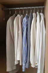 Vertical image of tidy blouses,jackets and shirts in the closet.Apparel hanging on the metalic hanger