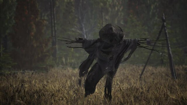 terrible scarecrow in dark cloak and dirty hat stands alone in autumn field