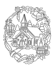 Christmas drawing of a house colouring book 