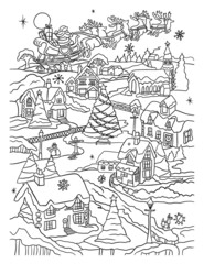 Fototapeta premium Christmas village in the mountains colouring book 