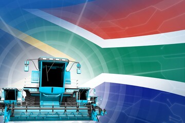 Farm machinery modernisation concept, 3 blue modern farm combine harvesters on South Africa flag - digital industrial 3D illustration