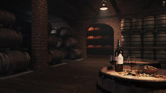 Wooden barrels with wine in the cellar. Red wine tasting in the wine vault. Glass of red wine on the warehouse. 3d visualization