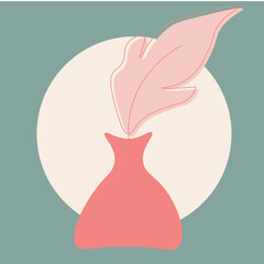Minimalist abstract illustration with pink leaves, vase and green background.