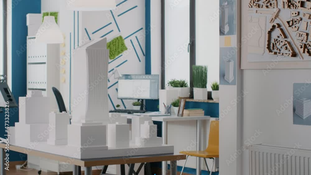 Aufkleber empty office with building model and tools to design construction layout for urban project. nobody i