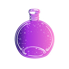 Magic potion: black bottle. Vector gradient violet illustration isolated on white. Spirituality, occultism, chemistry, magic tattoo concept.