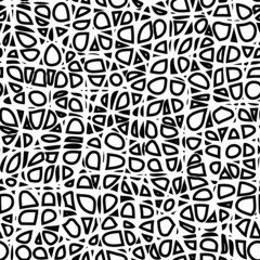 Seamless geometric black-white pattern. Different simple shapes isolated on white background. Monochrome spider web, labyrinth or mosaic print.