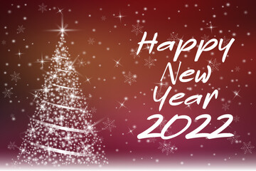 2022 Happy New Year inscription with Christmas tree, snowflakes and sparkles. New Year background. Holiday vector illustration.
