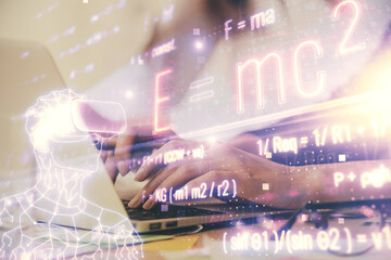 Double exposure of woman hands typing on computer and formula hologram drawing. Education concept.