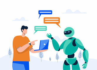 Artificial intelligence doing tasks at laptop. automatic agent assignment, Robot chat with man illustration concept vector