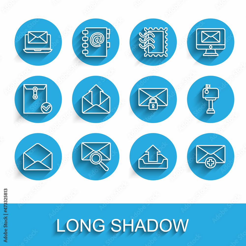 Poster set line envelope, with magnifying glass, laptop envelope, upload inbox, received message concept, o
