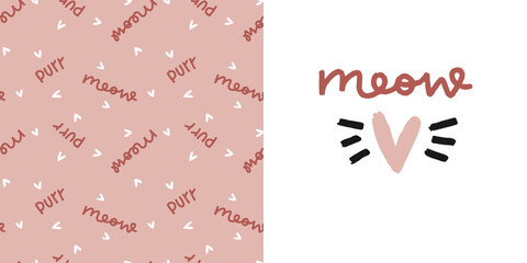 Meow sign and heart seamless pattern and accent print for baby girl clothing or pet supplies. 