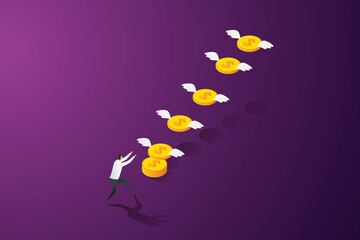 Businessman ran to catch the flying coin escape.