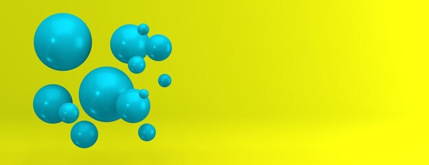 Abstract composition of randomly located spheres in turquoise color on a yellow background. 3d render