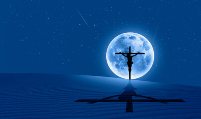 Jesus on the cross top of the sandune with full moon -