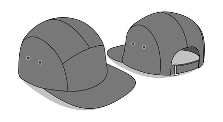 Gray 5 Panels Cap With Flat Brim Cap Template Vector On Gray Background, Perspective View.
