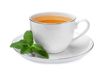 Cup of aromatic green tea with fresh mint on white background