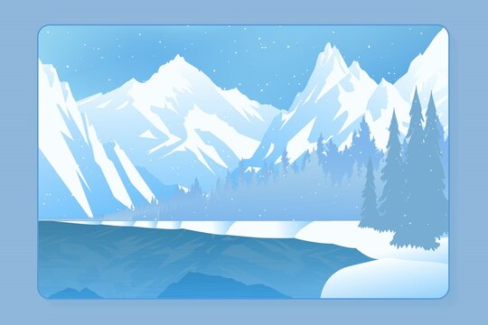 Winter morning illustration with heavy ice mountain, snowfall, river and trees