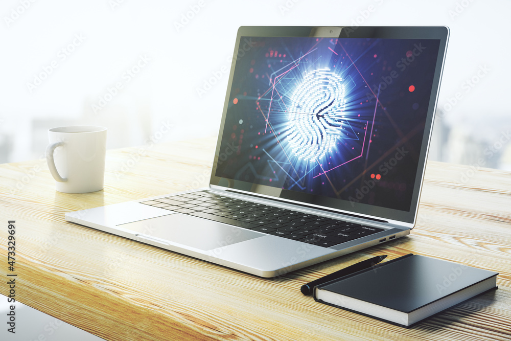 Poster modern computer monitor with abstract creative fingerprint hologram, research and development concep