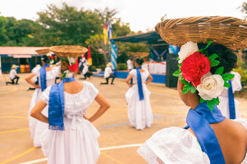 A group of women wearing the traditional costume of Central America, Nicaragua, Costa Rica,...