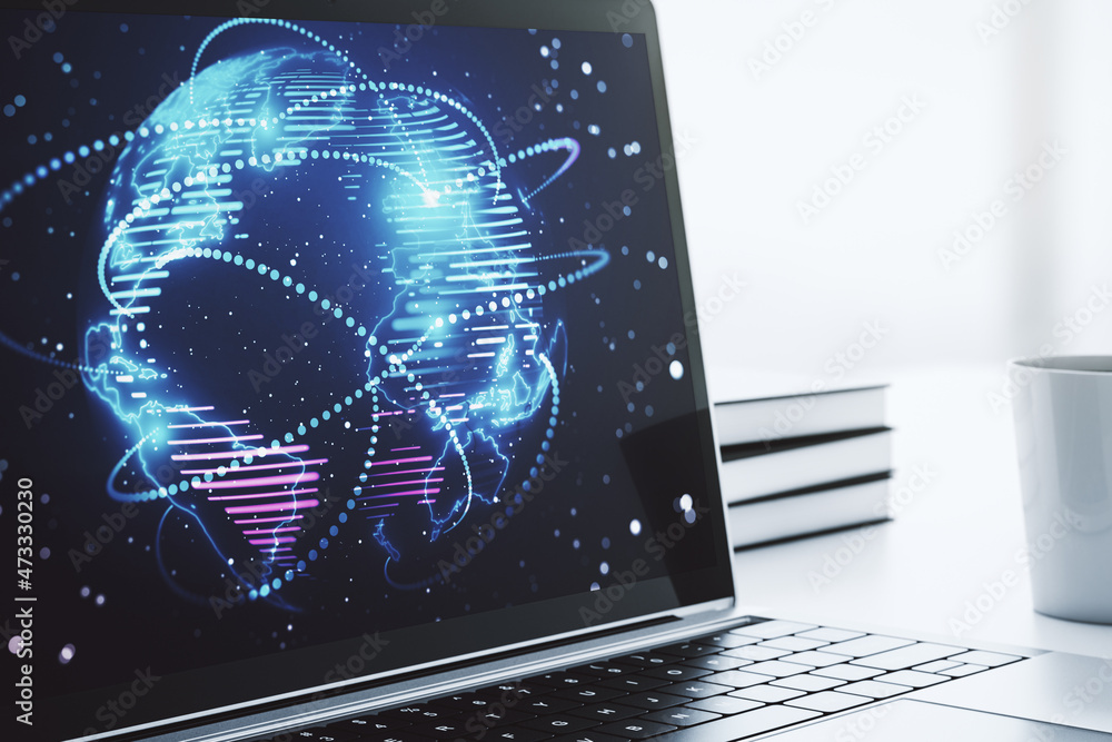 Poster computer monitor with abstract graphic digital world map with connections, globalization concept. 3d