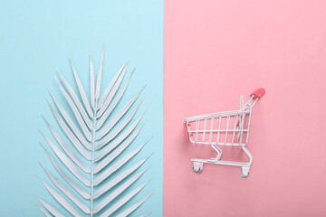 Minimal layout. Shopping cart with palm leaf on blue pink pastel background