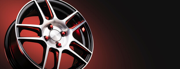 The new automotive alloy wheel is light and sporty red with shiny spokes on a black background,...