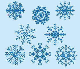 Set of delicate snowflakes on a blue background. Winter selection of snowflakes to decorate your projects. Vector graphics.