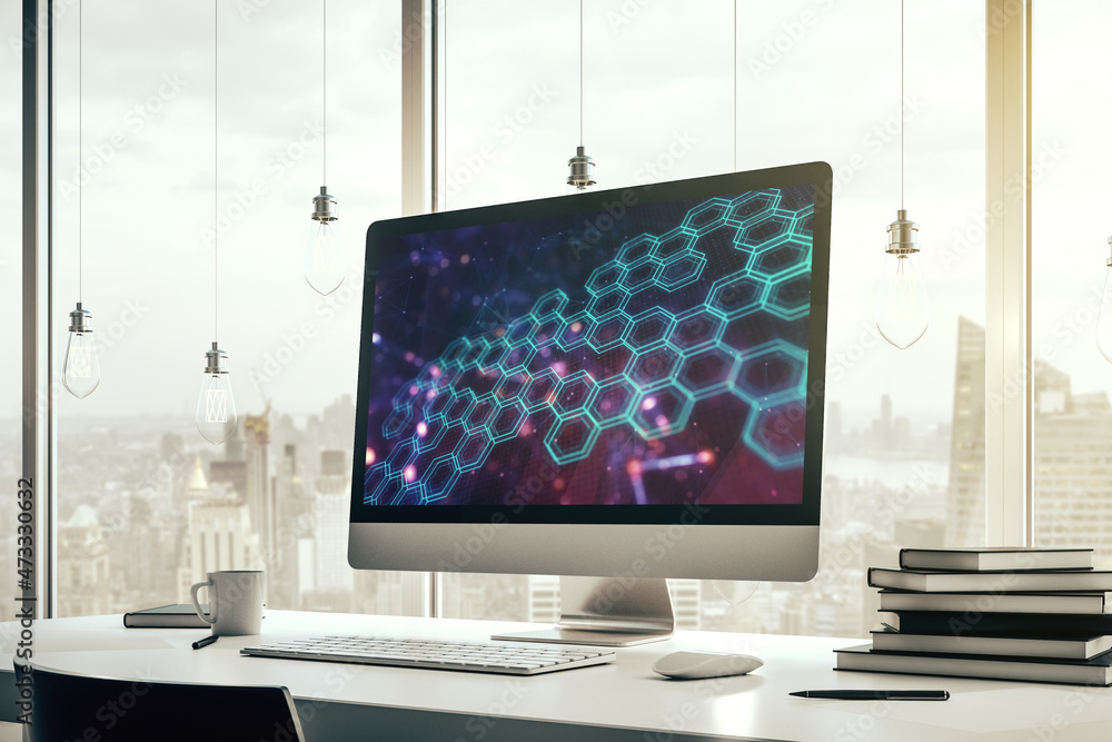 Poster creative abstract technology sketch with hexagon grid on modern laptop monitor, future technology an