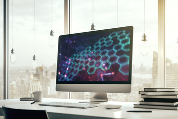Creative abstract technology sketch with hexagon grid on modern laptop monitor, future technology and AI concept. 3D Rendering
