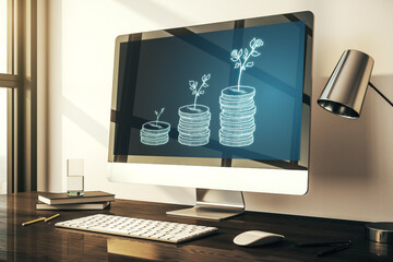 Creative concept of cash savings on modern laptop screen. Retirement savings and capital increase concept. 3D Rendering