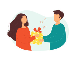 Young couple man and woman give a gift box for valentine's day, birthday, family holiday, anniversary. A present for a date. Isolated vector illustrations in flat style.