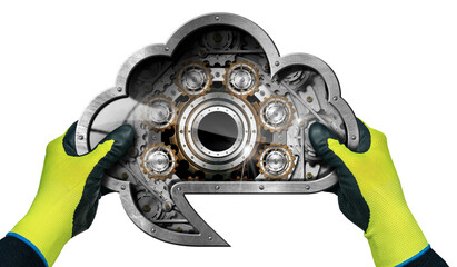 Manual worker with protective work gloves holding a metallic Cloud Computing Symbol in the shape of speech bubble with cogwheels inside. Isolated on white background, 3D illustration and photography.