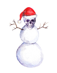 Creepy snowman with skull face in red santa hat. Creeping watercolor snow man for scary Christmas