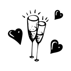 Cartoon drawing of two glasses of champagne decorated with hearts.
