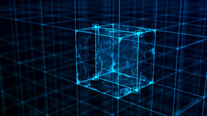 Technology blockchain concept. Visualization of the dynamic flow of the cryptocurrency industry. Big data flow connections. Network connection structure. 3D Rendering.