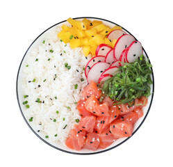 Delicious poke bowl with salmon and vegetables isolated on white, top view