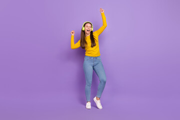 Fototapeta na wymiar Full size photo of youth excited girl enjoy clubber free-time hang-out isolated over purple color background