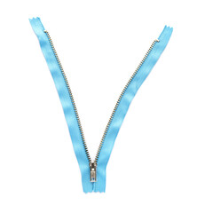 Light blue zipper isolated on white, top view