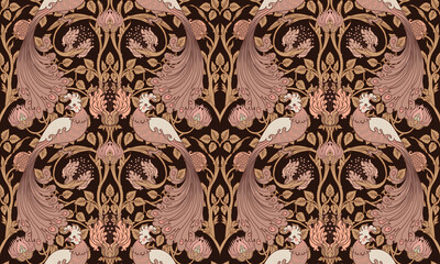 Floral vintage seamless pattern wit birds for retro wallpapers. Enchanted Vintage Flowers. Arts and Crafts movement inspired. Design for wrapping paper, wallpaper, fabrics and fashion clothes.