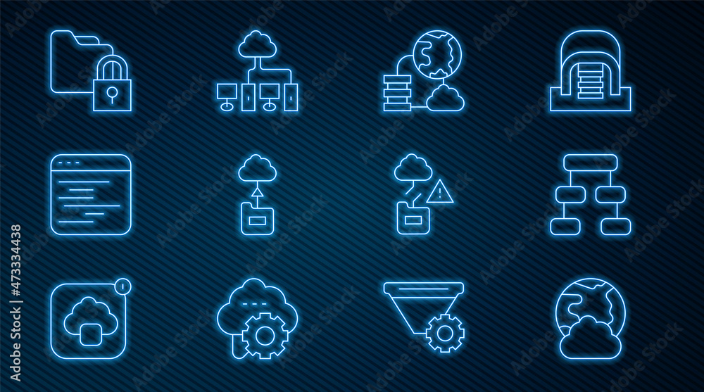 Poster set line social network, hierarchy organogram chart, network cloud connection, cloud technology data