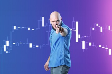 Young caucasian man, guy over dark blue background with the trading graph in graphic concept.