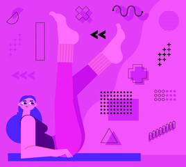 An abstract, monochromatic illustration of a woman in a supine position doing a leg raise, surrounded by various geometric shapes and patterns on a vibrant pink and purple background
