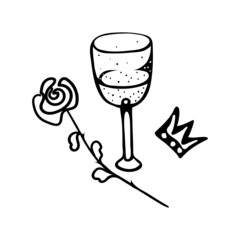 Cartoon drawing of a glass of wine with a rose flower.