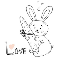 Cute rabbit with big carrot. Vector illustration. Postcard in linear doodle style. Funny animal for design and decoration, print and baby collection, valentines and greeting cards