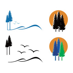 pine tree logo and mountain icon vector