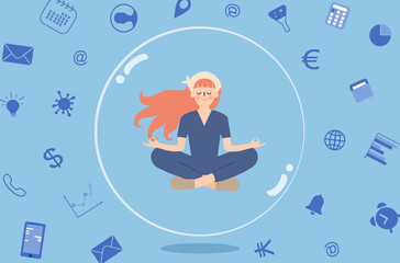 Overwhelm office tasks for business person, meditating woman not get distracted by overwhelm works, calm yoga woman in floating bubble, work life balance of office woman, business woman stay calm.