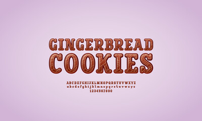 Chocolate 3d font, alphabet in the cartoon style, slab serif rounded uppercase and lowercase letters in the gingerbread style