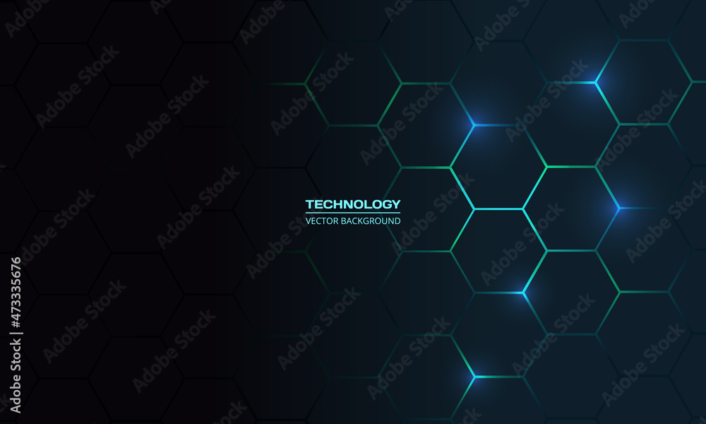 Aufkleber Dark hexagonal technology abstract vector background with blue and green colored bright flashes under hexagon. Hexagonal gaming vector abstract honeycomb background.